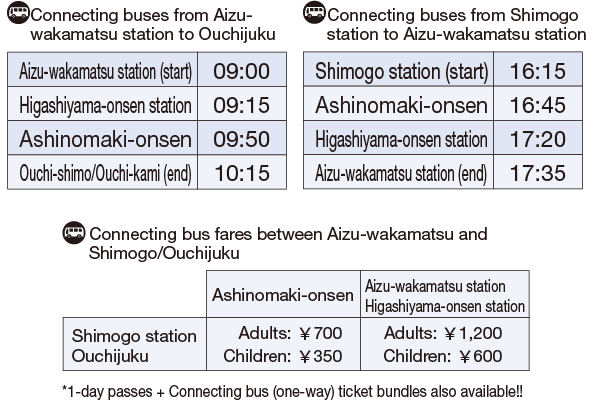 Connecting buses run from Aizu Wakamatsu, Higashiyama-onsen and Ashinomaki-onsen