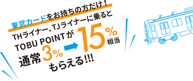 東武カードをお持ちの方だけ！THライナー、TJライナーに乗るとTOBU POINTが通常3%→15%相当もらえる!!!