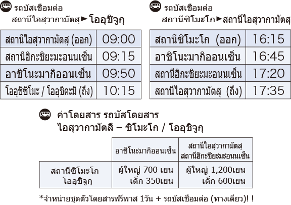 เดินรถบัสเชื่อมต่อกับเส้นทางจาก ไอสุวากามัตสึ / ฮิกะซิยะมะออนเซ็น / อาชิโนะมากิออนเซ็น