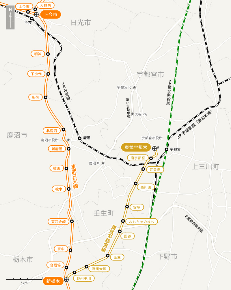 路線図：東武鉄道 日光・鬼怒川エリア